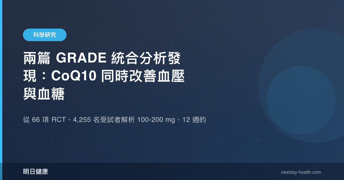 兩篇 GRADE 統合分析發現：CoQ10 同時改善血壓與血糖